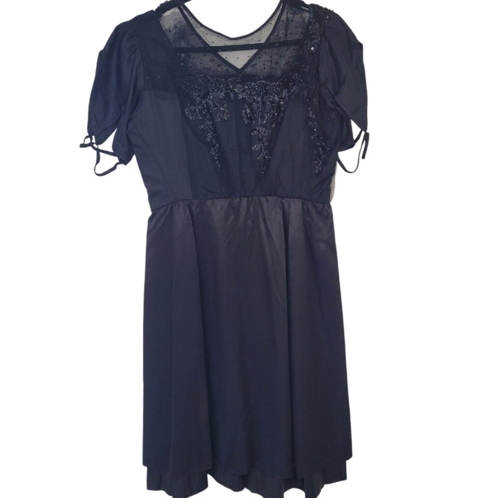 Vintage Black Satin Short-Sleeve Dress Chiffon Sequin Neckline women's medium